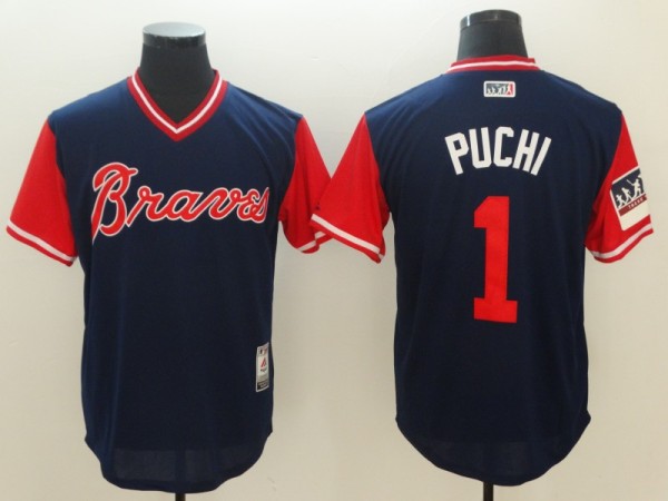 Men's Atlanta Braves #1 Puchi Mejestic Dark Blue 2018 Players' Weekend Flex Base Jersey