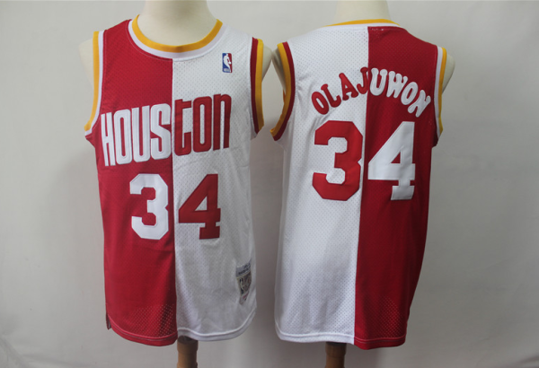 NBA Rockets 34 Hakeem Olajuwon Red White Split 1993-94 Hardwood Classics Men Jersey