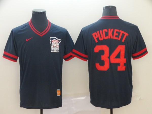 MLB Minnesota Twins #34 Kirby Puckett Navy Blue Thowback Mens Jersey