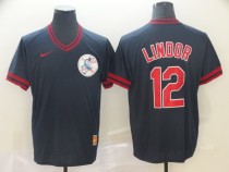MLB Cleveland Indians #12 Lindor Navy Blue Throwback Mens Jersey