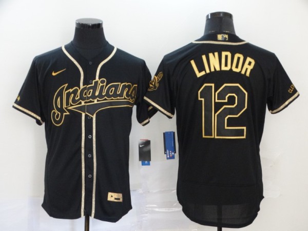 MLB Cleveland Indians #12 Francisco Lindor Black Golden Flex Base Elite Jersey