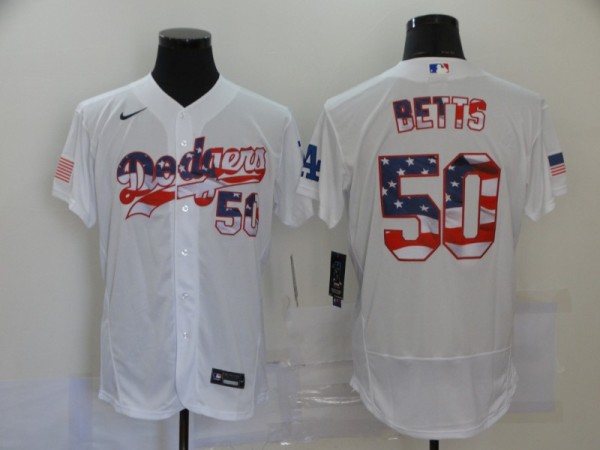 MLB Los Angeles Dodgers White #50 Mookie Betts USA Flag Flexbase Jersey