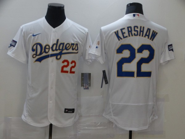 MLB Los Angeles Dodgers #22 Clayton Kershaw White Gold Championship Flex Base Elite Jersey