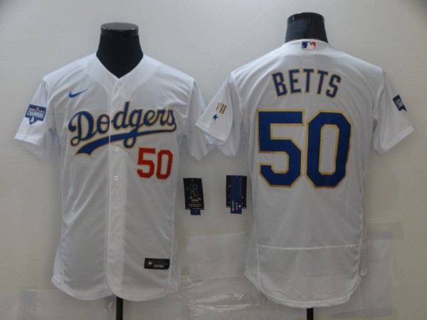 MLB Los Angeles Dodgers #50 Mookie Betts White Gold Championship Flex Base Elite Jersey