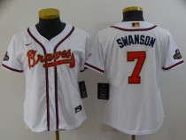 Women MLB Atlanta Braves #7 Dansby Swanson 2022 White/Gold World Series Champions Program Jersey