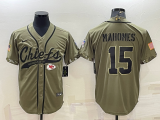 Men's Kansas City Chiefs #15 Patrick Mahomes 2022 Olive Salute To Service Baseball Nike Jersey
