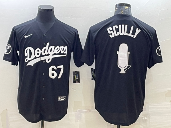 MLB Los Angeles Dodgers #67 Vin Scully Black Big Logo With Vin Scully Patch Jersey
