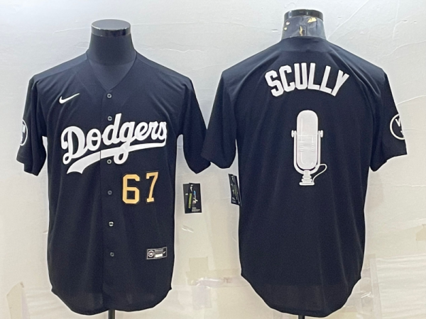 MLB Los Angeles Dodgers #67 Vin Scully Black Big Logo With Vin Scully Patch Jersey