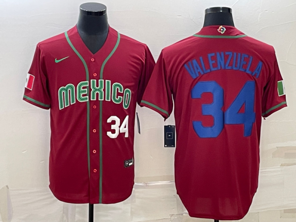 MLB Mexico Baseball #34 Fernando Valenzuela 2023 Red Blue World Baseball Classic