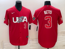 Men's USA Baseball #3 Mookie Betts 2023 Red World Baseball Classic Stitched Jersey