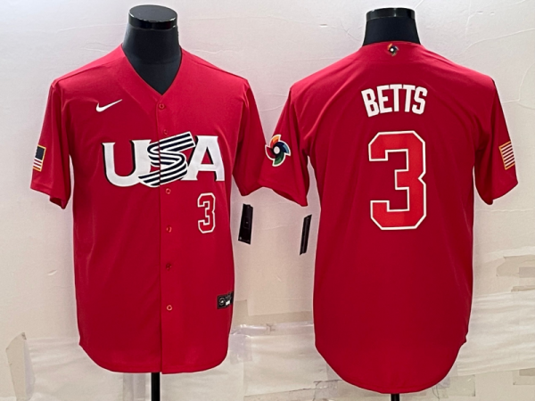 Men's USA Baseball #3 Mookie Betts 2023 Red World Baseball Classic Stitched Jersey