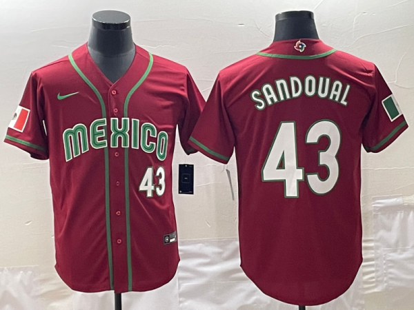 Men's Mexico Baseball #43 Patrick Sandoval 2023 Red World Baseball Classic Stitched Jersey