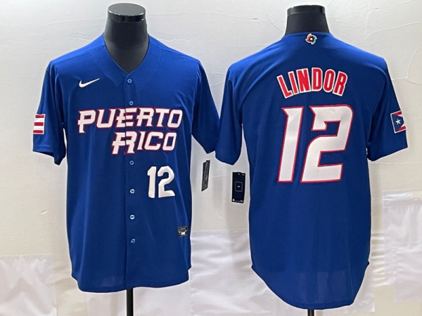 Men's Puerto Rico Baseball #12 Francisco Lindor 2023 Royal World Baseball Classic Stitched