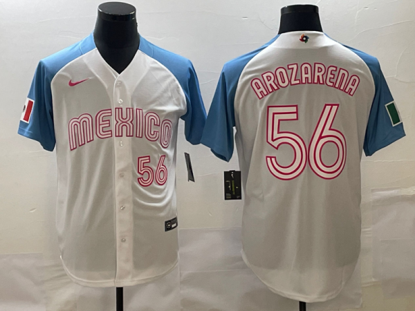 Men's Mexico Baseball #56 Randy Arozarena 2023 White Blue World Baseball Classic Jersey