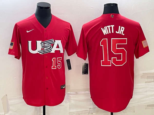 Men's USA Baseball #15 Bobby Witt Jr. 2023 Red World Baseball Classic Stitched Jersey
