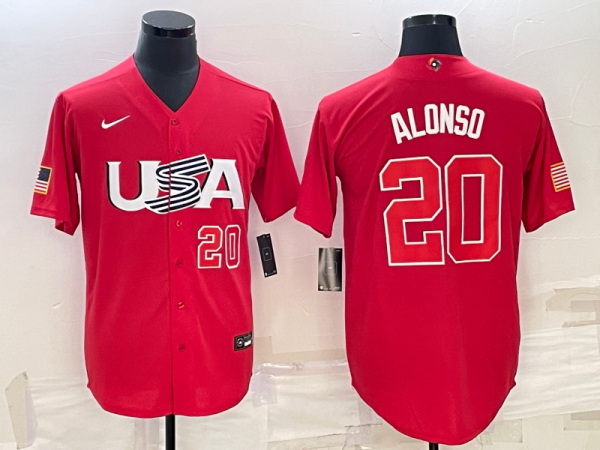 Men's USA Baseball #20 Pete Alonso 2023 Red World Baseball Classic Stitched Jersey