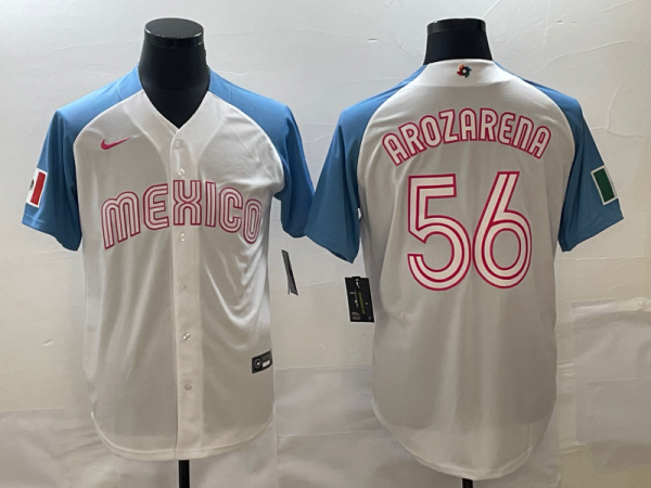 Men's Mexico Baseball #56 Randy Arozarena 2023 White Blue World Baseball Classic Jersey