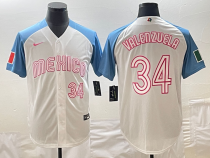 Men's Mexico Baseball #34 Fernando Valenzuela 2023 White Blue World Baseball Classic Jersey