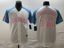 Men's Mexico Baseball #34 Fernando Valenzuela 2023 White Blue World Baseball Classic Jersey