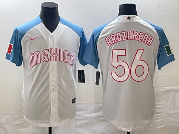 Men's Mexico Baseball #56 Randy Arozarena 2023 White Blue World Baseball Classic