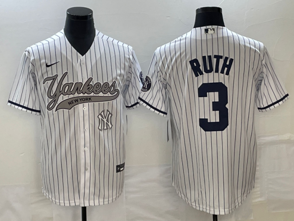 MLB New York Yankees #3 Babe Ruth White With Patch Baseball Jersey