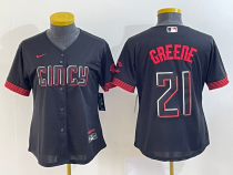 Women MLB Cincinnati Reds #21 Hunter Greene Black 2023 City Connect Stitched Jersey