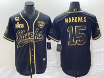Copy Men's Kansas City Chiefs #15 Patrick Mahomes Black Gold Super Bowl LVII Patch And 4-Star Baseball Jersey