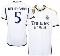 Adidas Real Madrid #5 Jude Bellingham White 23/24 Long Sleeve Home Jersey w/ La Liga + Club world Cup Champion Patch
