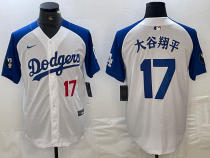 Men's Los Angeles Dodgers #17 大谷翔平 White/Blue Vin Patch Cool Base Stitched Baseball Jersey