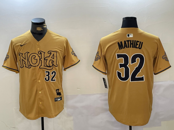 Men's New Orleans Saints #32 Tyrann Mathieu Gold Baseball Jersey