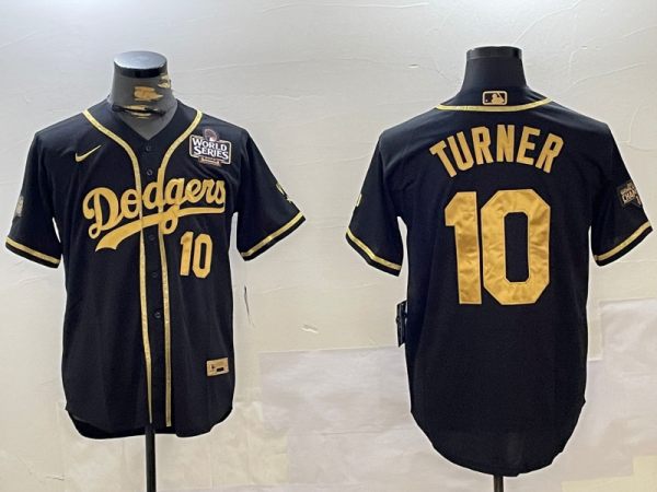 Men's Los Angeles Dodgers #10 Justin Turner Black/Gold 2024 World Series Stitched Jersey
