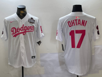 Men's Los Angeles Dodgers #17 Shohei Ohtani White/Pink Vin & Kobe Patch Jersey
