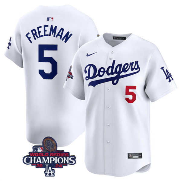 Men's Los Angeles Dodgers #5 Freddie Freeman White 2024 World Series Champions Jersey