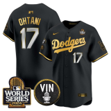 Men's Los Angeles Dodgers #17 Shohei Ohtani Black/Gold 2024 World Series Vin & Kobe Patch Jersey