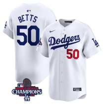 Men's Los Angeles Dodgers #50 Mookie Betts White 2024 World Series Champions Jersey
