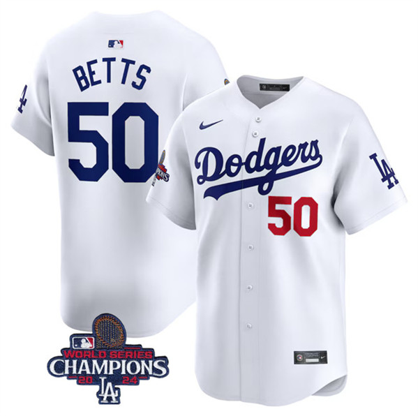 Men's Los Angeles Dodgers #50 Mookie Betts White 2024 World Series Champions Jersey