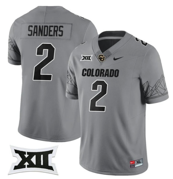 Men's Colorado Buffaloes #2 Shedeur Sanders Grey 2024 F.U.S.E. With Big 12 XII Patch Stitched Jersey