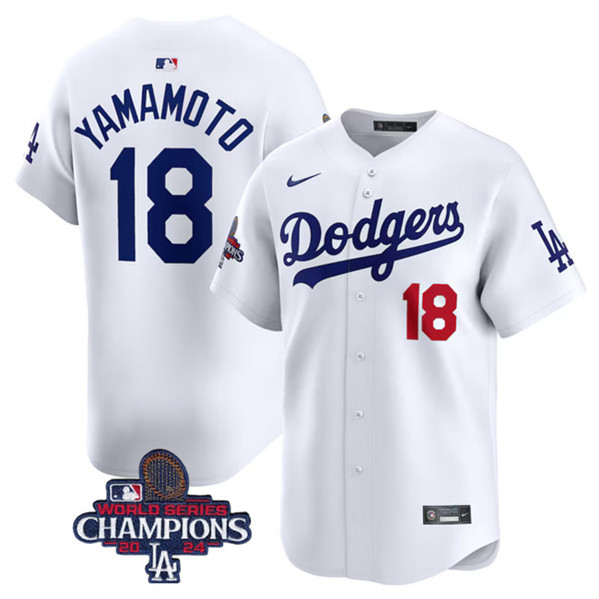 Men's Los Angeles Dodgers #18 Yoshinobu Yamamoto White 2024 World Series Champions Jersey