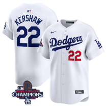 Men's Los Angeles Dodgers #22 Clayton Kershaw White 2024 World Series Champions Jersey