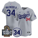 Men's Los Angeles Dodgers #34 Toro Valenzuela Grey 2024 World Series With Fernando Memorial Jersey