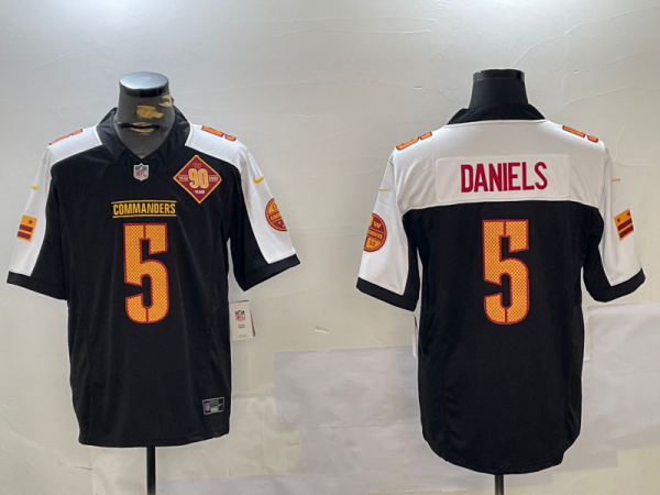 Men's Washington Commanders #5 Jayden Daniels Black/White 2024 F.U.S.E. 90th Anniversary Jersey