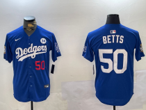 Men's Los Angeles Dodgers #50 Mookie Betts Royal 2024 World Series With Fernando Memorial Jersey