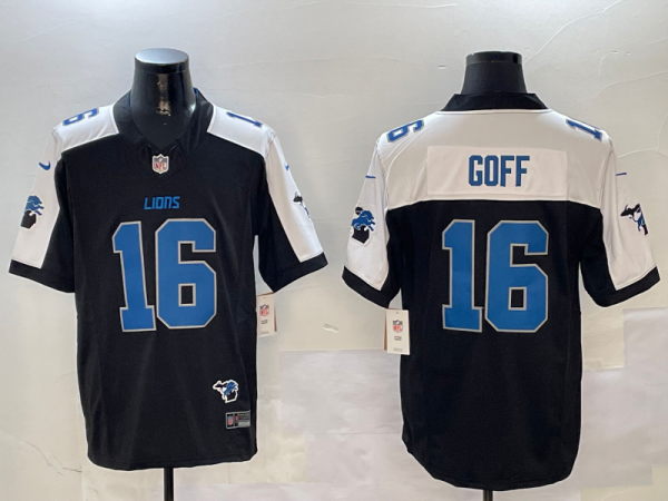 Men's Detroit Lions #16 Jared Goff Black/White F.U.S.E. 2024 Michigan Patch Vapor Limited Jersey