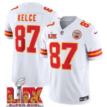 Men’s Kansas City Chiefs #87 Travis Kelce White 2025 F.U.S.E. Super Bowl LIX Patch Vapor Jersey