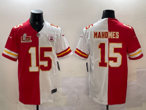 Men’s Kansas City Chiefs #15 Patrick Mahomes Red & White Split 2025 Super Bowl LIX Patch Jersey