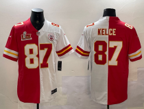 Men’s Kansas City Chiefs #87 Travis Kelce Red & White Split 2025 Super Bowl LIX Patch Jersey