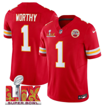Men’s Kansas City Chiefs #1 Xavier Worthy Red 2025 F.U.S.E. Super Bowl LIX Patch Vapor Jersey