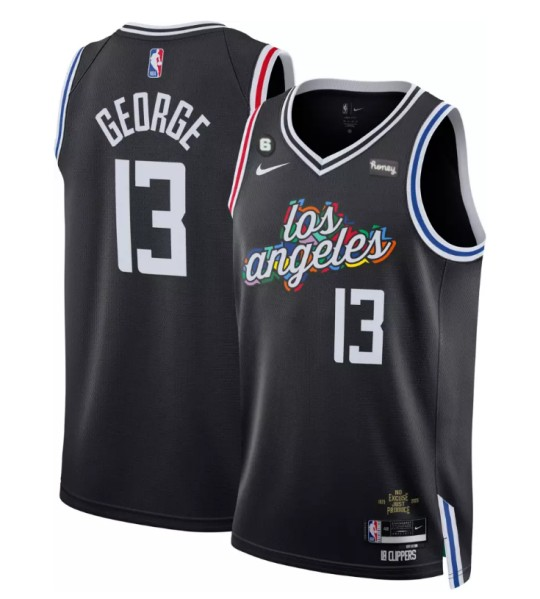 Men's Los Angeles Clippers #13 Paul George Black 2022/23 City Edition With NO.6 Patch Stitched