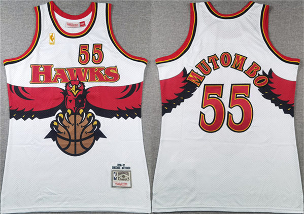 Men's Atlanta Hawks #55 Dikembe Mutombo White 1996-97 Throwback Swingman Jersey
