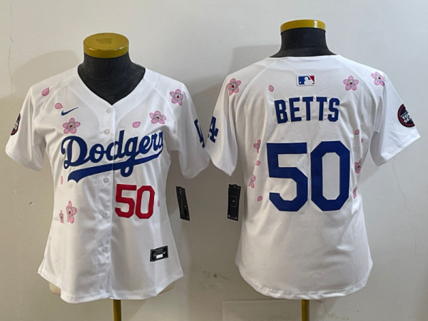 Women Los Angeles Dodgers #50 Mookie Betts White 2025 Tokyo Series Limited Stitched Jersey